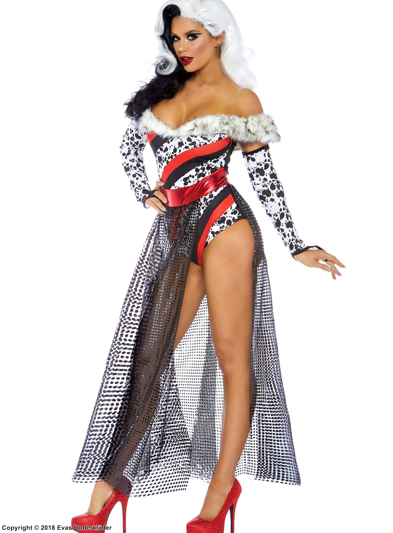 Cruella de Vil, top and skirt costume, faux fur, off shoulder